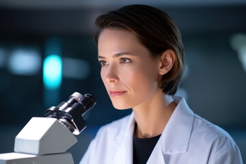 Poster - Young Female Scientist Analyzing Sample Through Microscope in Laboratory Setting