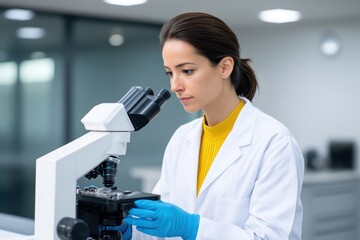 Poster - Woman in Laboratory Coat Examining Samples Under Microscope in Modern Research Facility