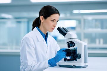 Poster - Female Scientist Using Microscope in Modern Laboratory Environment for Research and Analysis of Biological Samples