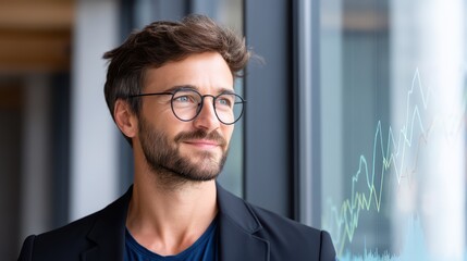 Poster - Thoughtful businessman gazing out of office window, contemplating future opportunities and market trends in modern workspace