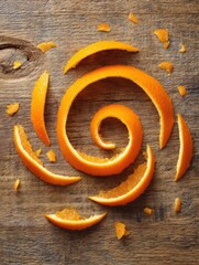 Poster - Creative Decorative Orange Peel Spiral on Rustic Wood Surface With Scattered Pieces for Culinary Presentation