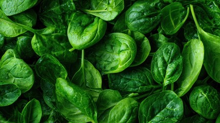 Aufkleber - Fresh Spinach Leaves Scattered Elegantly on a Wooden Surface, Creating a Vibrant Green Background With Untouched Areas Remaining