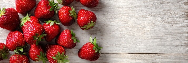 Poster - Fresh Strawberries Arranged on Light Wooden Surface With Clean Area in Top Right for a Delightful Culinary Presentation