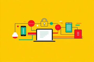 Poster - Digital Security Concept with Laptop, Mobile Devices, and Cloud Storage on Yellow Background