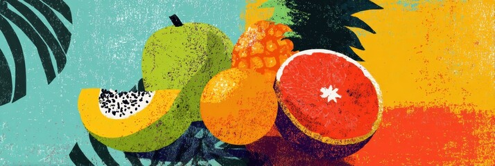 Poster - Vibrant Flat Composition of Tropical Fruit Icons With Texture Overlay in a Lively Design