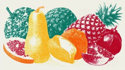 Poster - Vibrant Tropical Fruit Icons With Textured Overlay Showcasing a Variety of Fruits in a Flat Composition