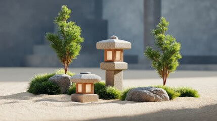 Poster - Serene Japanese Garden with Stone Lanterns and Lush Greenery in Zen Style Setting