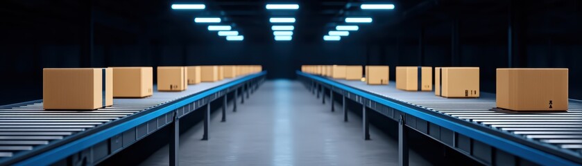 Poster - Industrial warehouse scene with cardboard boxes on conveyor belts in a dimly lit environment highlighting logistics operations