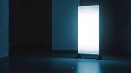 Wall Mural - illuminated blank roll-up banner in a dark room. (1)