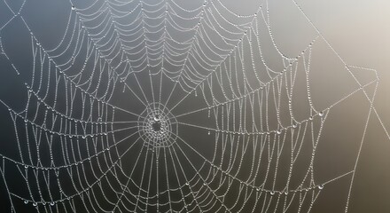Intricate spiderweb glistening with morning dew, radiating from a central hub.