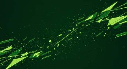 Fototapete - Dynamic fractured green geometric shapes with particles flow across dark background create interesting abstract pattern