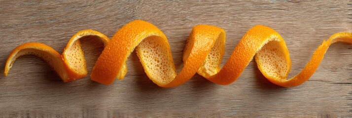 Poster - Decorative Orange Peel Spiral Arranged Elegantly Over a Clean Wooden Surface