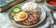 © Supernova - A photograph of an American-style breakfast plate with a grilled pork chop, white rice, and a fried egg on the side, accompanied by sliced vegetables like cucumber or tomato.