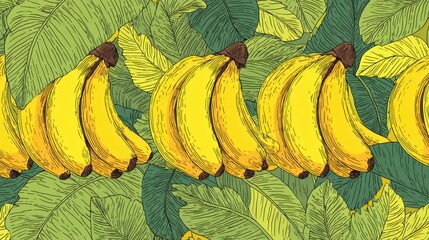 Poster - Bright Seamless Pattern Featuring Bananas and Green Leaves Designed for a Tropical Aesthetic in Graphic Design Projects