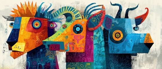 Poster - Colorful abstract animal illustration with lion, ram, and bull in vibrant geometric shapes and patterns Concept of creativity, imagination, and modern art