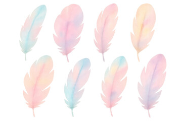 Aufkleber - Eight colorful feathers with pastel colors are floating on a transparent background, perfect for design projects