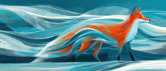 Poster - Elegant orange fox illustration with flowing blue lines, creating a dynamic and artistic animal portrait Concept of wildlife, nature, and abstract design