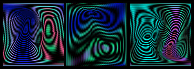 Poster - Vector illustration in op-art style, featuring flowing wavy lines over dark gradients. The theme is illusion and motion, using purple, green, pink, and black hues in abstract, dynamic shapes.