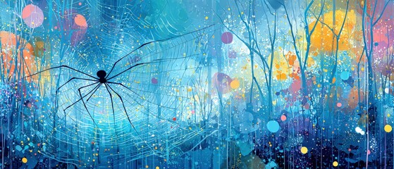 Poster - Abstract spider web art with colorful bokeh in a whimsical forest Fantasy illustration of nature, arachnid, and vibrant colors in a magical landscape