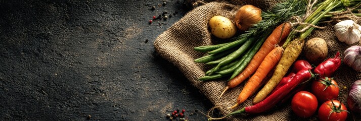 Aufkleber - Fresh Farm Vegetables Arranged on a Rustic Burlap Background With Intriguing Shadows Playing Across the Surface