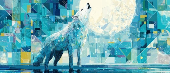 Poster - Abstract howling wolf illustration with geometric moon and cityscape in shades of blue, creating a modern fantasy and digital art concept