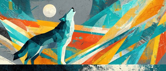 Poster - Abstract howling wolf illustration with full moon in geometric style Colorful wildlife art with modern design and vibrant colors Concept of nature, wilderness, and animal themes