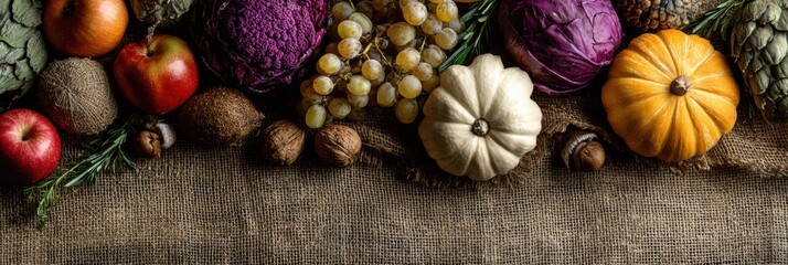 Poster - Colorful Flatlay of Fall Vegetables and Fruits on Burlap Showcasing Seasonal Harvest and Rustic Charm With Ample Space for Text