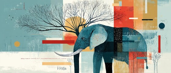 Poster - Artistic elephant illustration with geometric shapes and bare tree branches in a colorful abstract landscape Concept of wildlife, nature, and modern art