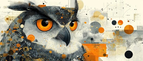 Poster - Abstract owl portrait with geometric patterns and vibrant orange eyes Artistic owl illustration with modern design elements Concept of wisdom, creativity, and nature