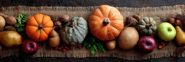 Poster - Rustic Flatlay Showcasing a Variety of Fall Vegetables and Fruits on Burlap With Natural Textures and Colors Against a Dark Background