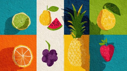 Poster - Colorful Tropical Fruit Composition With Textured Overlay Featuring Various Fruits on a Vibrant Background