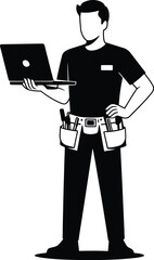 Poster - Silhouette of a technician holding a laptop with a tool belt silhouette isolated on transparent background