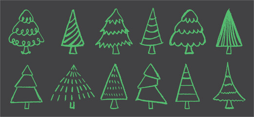 Poster - Set of Christmas doodle spruce tree drawn by children with green wax on blackboard. Great for kid school projects. Kindergarten style vector with squiggle, chalkboard texture and charcoal lines.