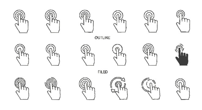 Collection of diverse hand cursor icons, showcasing various touch gestures and interactions.