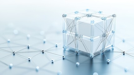 Fototapete - Economy block tax concept. 3D geometric structure interlinked with nodes on a soft blue background.