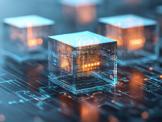 Fototapete - Economy block tax concept. Futuristic digital cubes with glowing circuitry in a tech-inspired design.