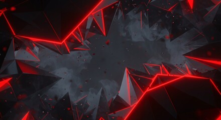 Fototapete - Abstract geometric background with red glowing lines and dark gray polygonal shapes design