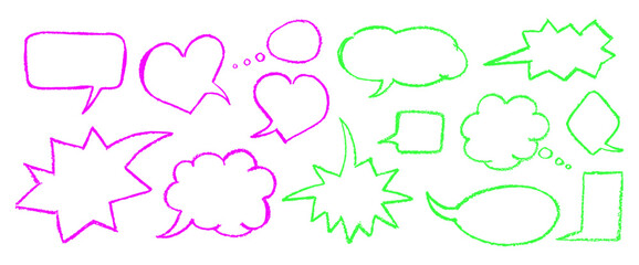 Poster - Acid green and pink color outline speech bubbles with rough crayon texture and graffiti style. Abstract charcoal set for message. Isolated kindergarten speak arrow with round grunge effect. Vector