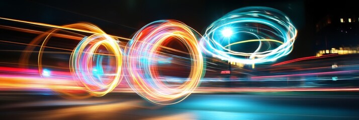 Poster - Dynamic Light Trails and Rings - Abstract of vibrant light trails and glowing rings, suggesting speed, energy, and technology. Perfect for technology, innovation, or futuristic themes