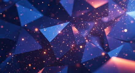 Fototapete - Abstract blue triangles with orange light and bokeh particles in the background design element