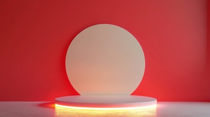 Poster - Minimalist Product Display Platform - Clean white platform with neon light against a red backdrop, ideal for showcasing products or branding