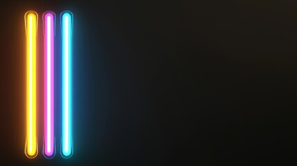 Poster - Neon Light Tubes on Black - Abstract of three vibrant neon light tubes, yellow, pink, and blue, standing vertically against a dark background. Symbolizes energy, technology, creativity, modernity, and