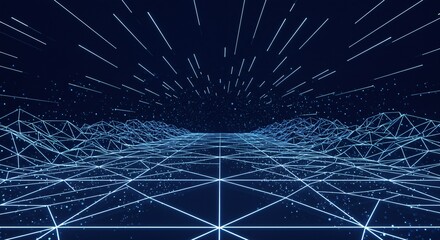 Poster - A digital landscape with wireframe mountains and glowing lines against a dark blue background space scene