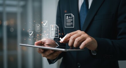 Poster - Business professional completing tasks on tablet. Digital checkmarks and document icons for productivity. Modern workspace with efficient workflow.