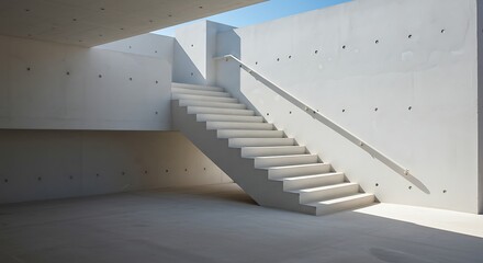 Poster - Modern concrete staircase ascending towards sunlight, minimalist architecture.