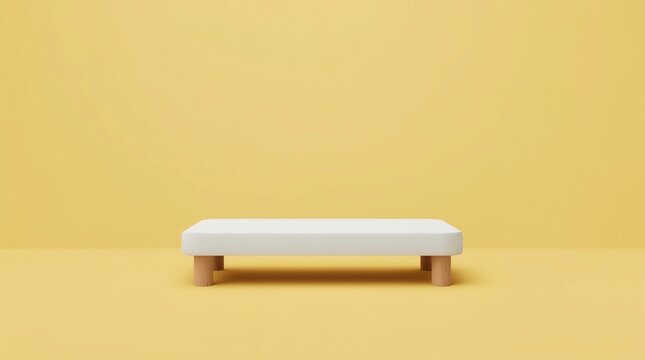 White top table and fabric cloth or empty pedestal display on vivid yellow summer background with minimal style. Blank stand for showing product. 3D rendering