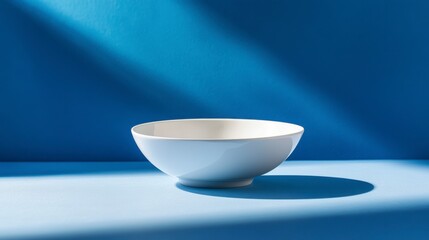 Poster - Empty white bowl on blue background in sunlight.