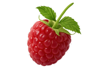 Fototapete - Ripe red raspberry hanging from green stem, showcasing fresh fruit detail against transparent backdrop, ideal for culinary imagery