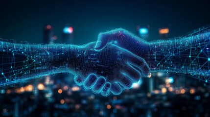 Poster - Digital handshake between two holographic hands symbolizing virtual collaboration and technology-driven partnerships.