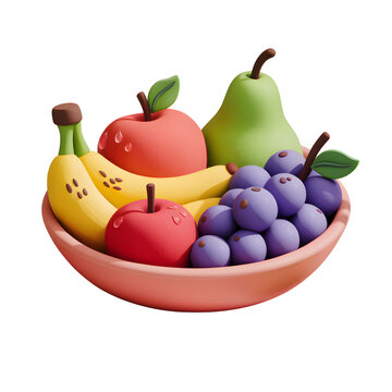 Vibrant fruit bowl with bananas, apples, pears and plums offers a fresh, colorful and healthy 3D rendered food option on a transparent background